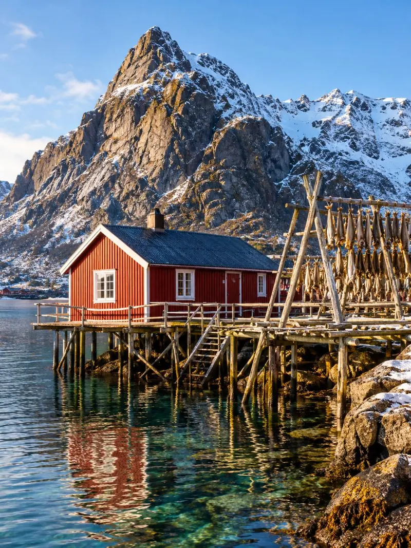Eine rote Rorbu auf Stelzen über dem Wasser neben hölzernen Stockfischgestellen in den Lofoten